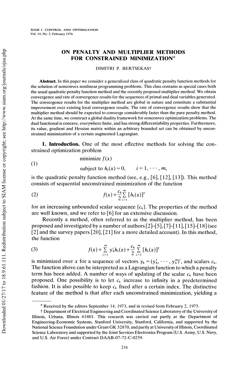 On Penalty and Multiplier Methods for Constrained Minimization | SIAM Journal on Control and Optimization | Vol. 14, No. 2 |