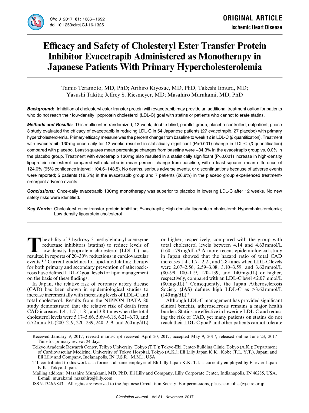 Efficacy and Safety of Cholesteryl Ester Transfer Protein Inhibitor Evacetrapib Administered As Monotherapy in Japanese Patients with Primary Hypercholesterolemia