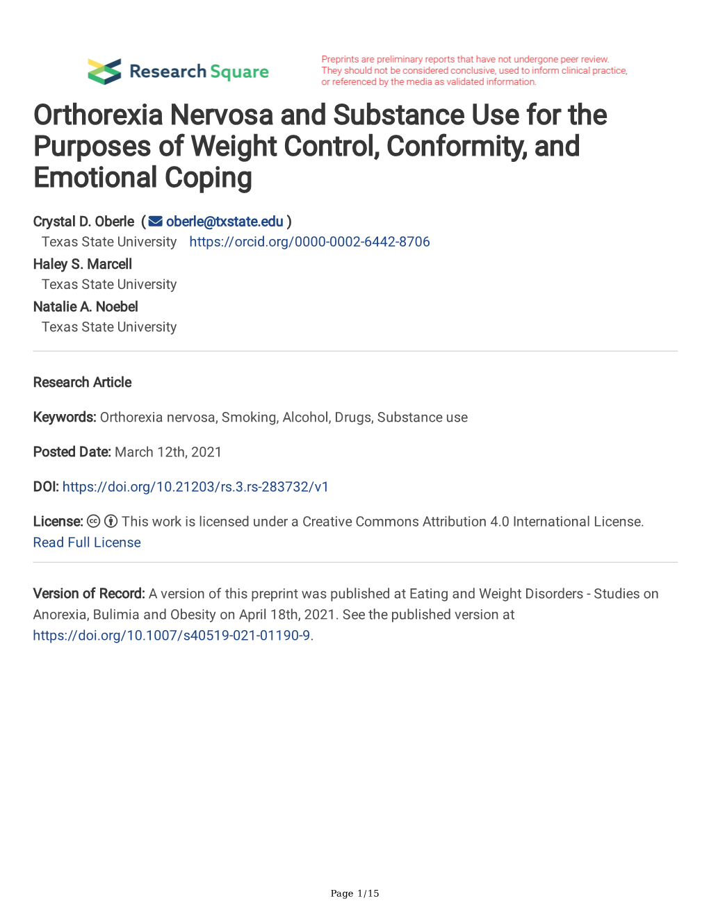 Orthorexia Nervosa and Substance Use for the Purposes of Weight Control, Conformity, and Emotional Coping