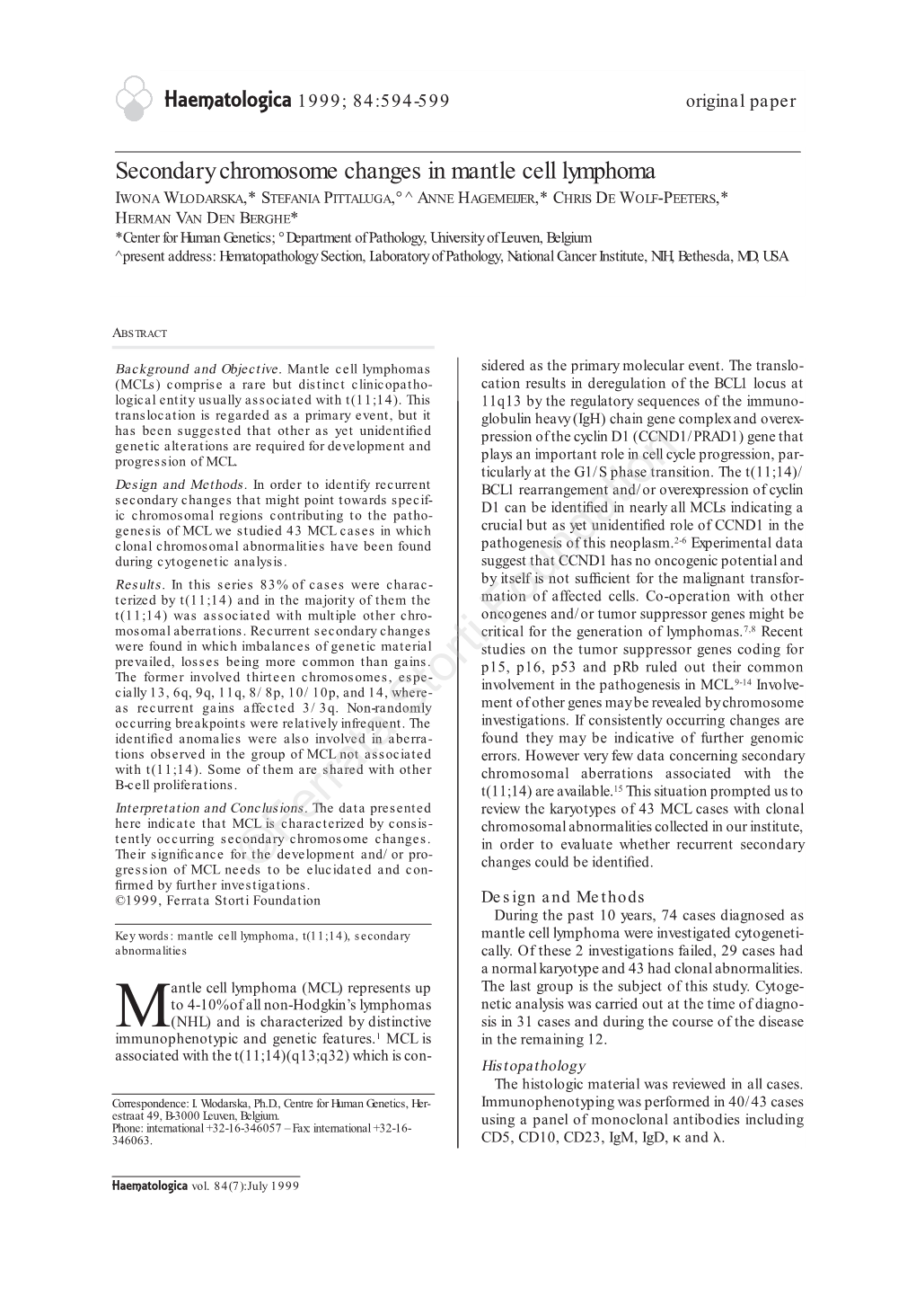 Secondary Chromosome Changes in Mantle Cell Lymphoma