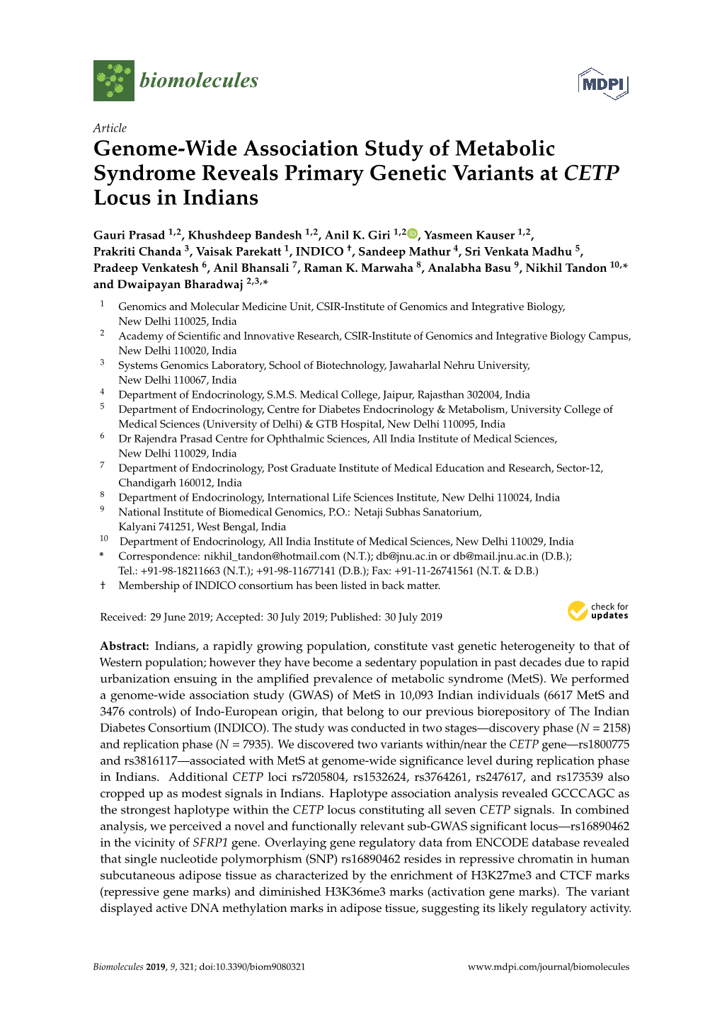 Genome-Wide Association Study of Metabolic Syndrome Reveals Primary Genetic Variants at CETP Locus in Indians