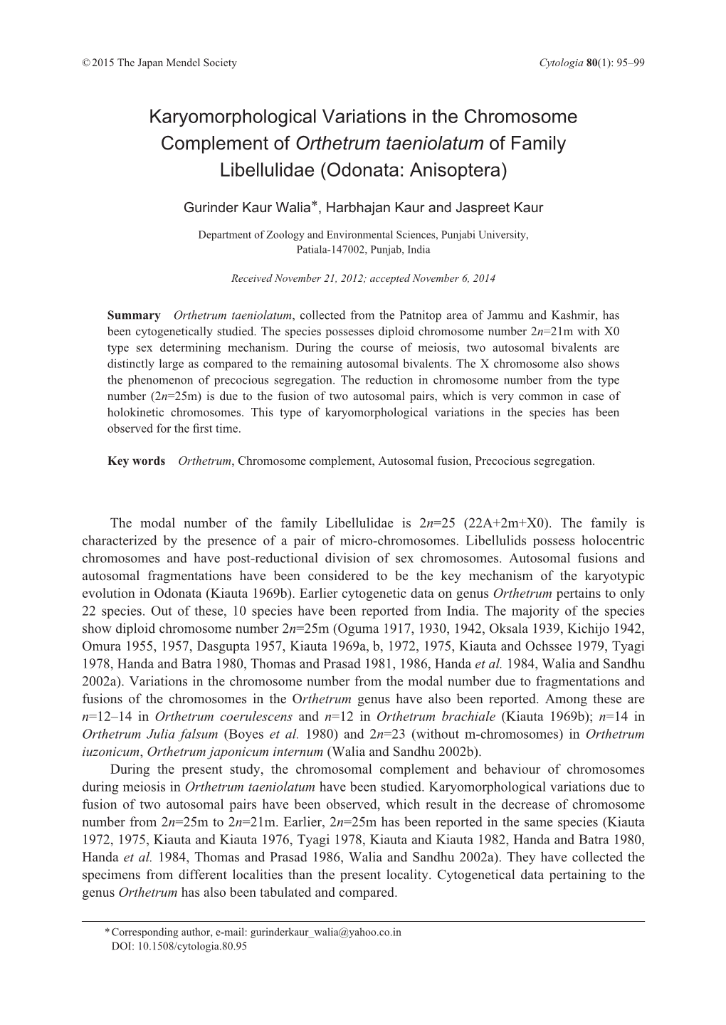 Karyomorphological Variations in the Chromosome Complement of Orthetrum Taeniolatum of Family Libellulidae (Odonata: Anisoptera)