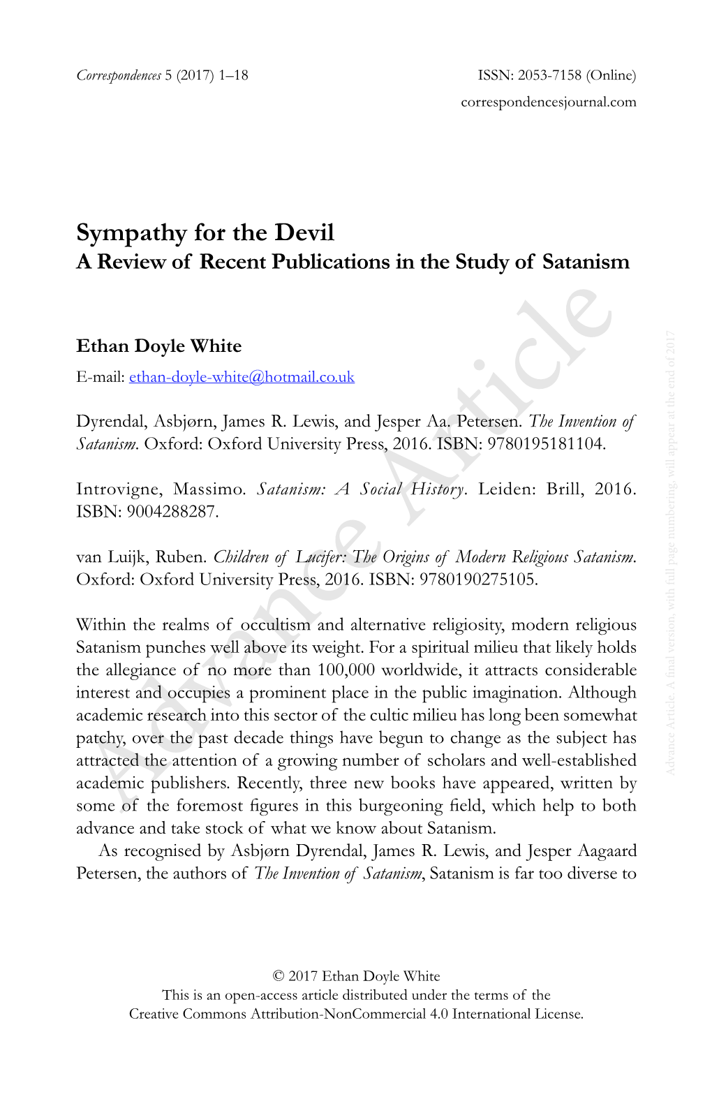 Sympathy for the Devil a Review of Recent Publications in the Study of Satanism