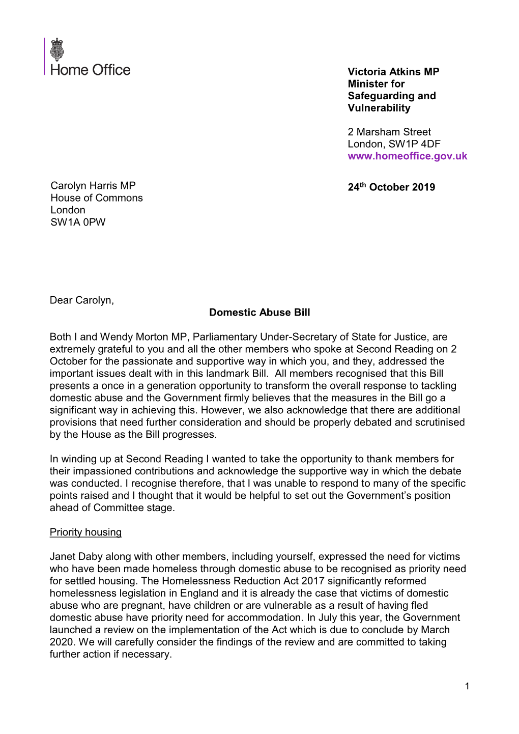 Letter from Minister to Carolyn Harris MP