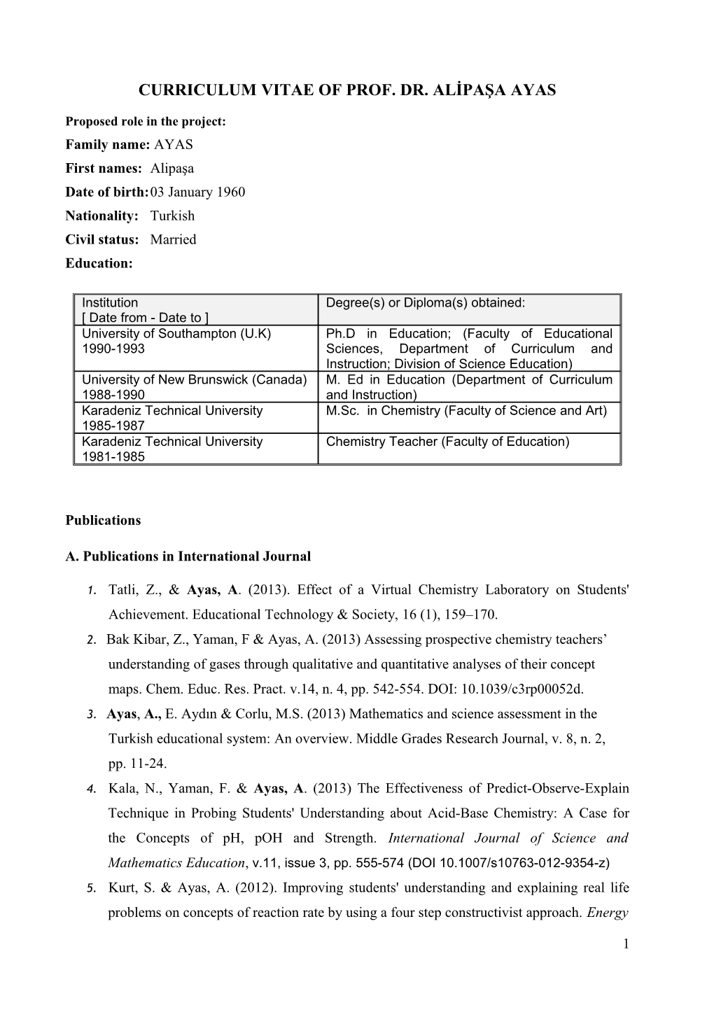 Curriculum Vitae of Prof. Dr. Alipaşa Ayas