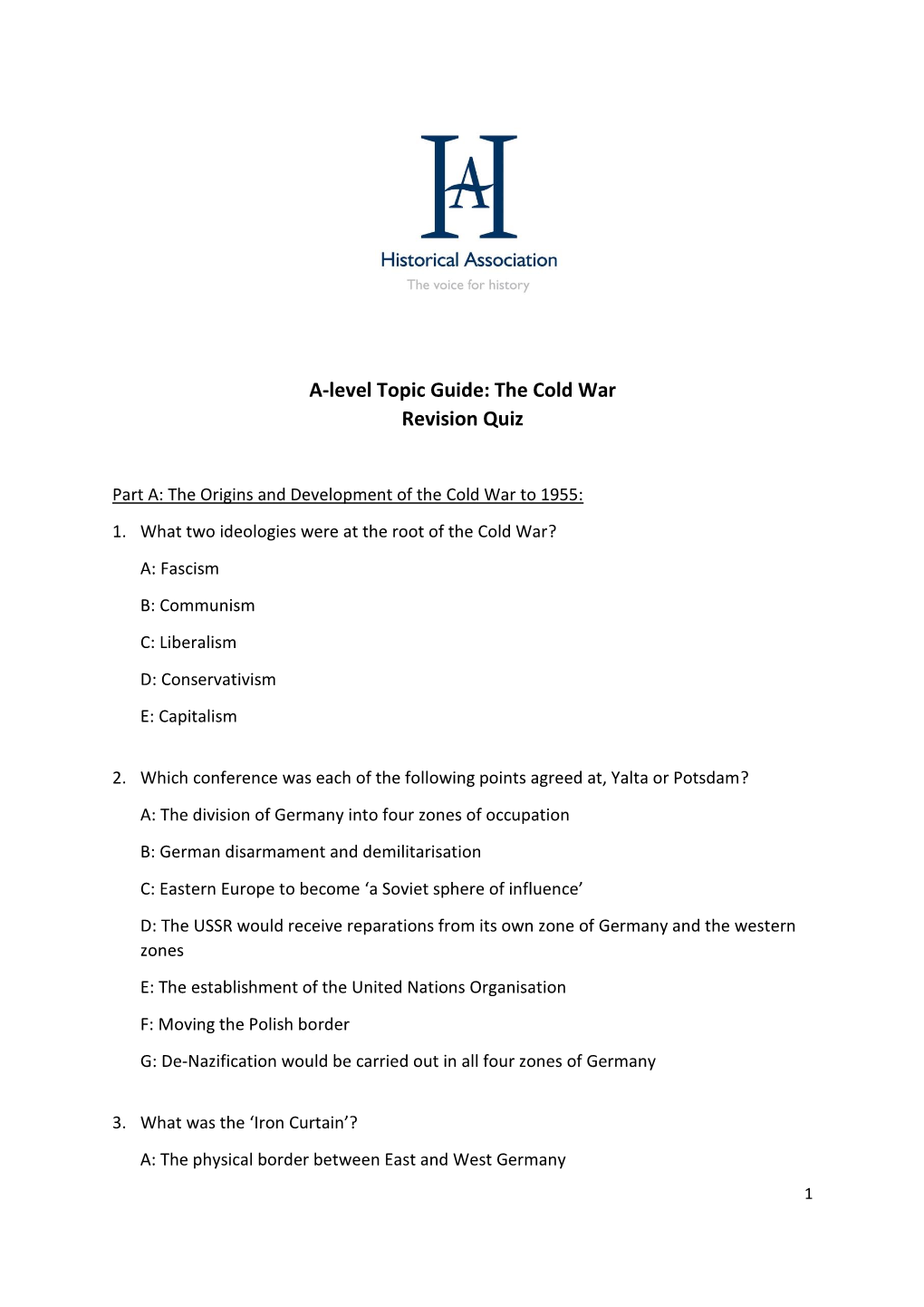 A-Level Topic Guide: the Cold War Revision Quiz