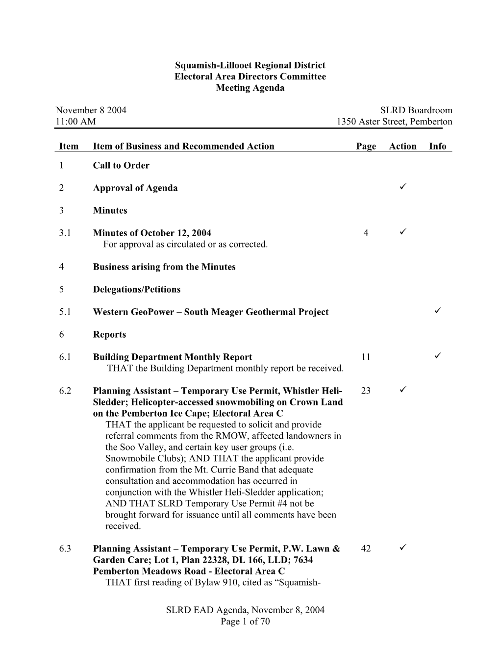 Squamish-Lillooet Regional District Electoral Area Directors Committee Meeting Agenda