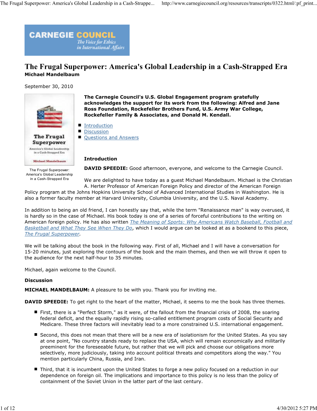 The Frugal Superpower: America's Global Leadership in a Cash-Strappe