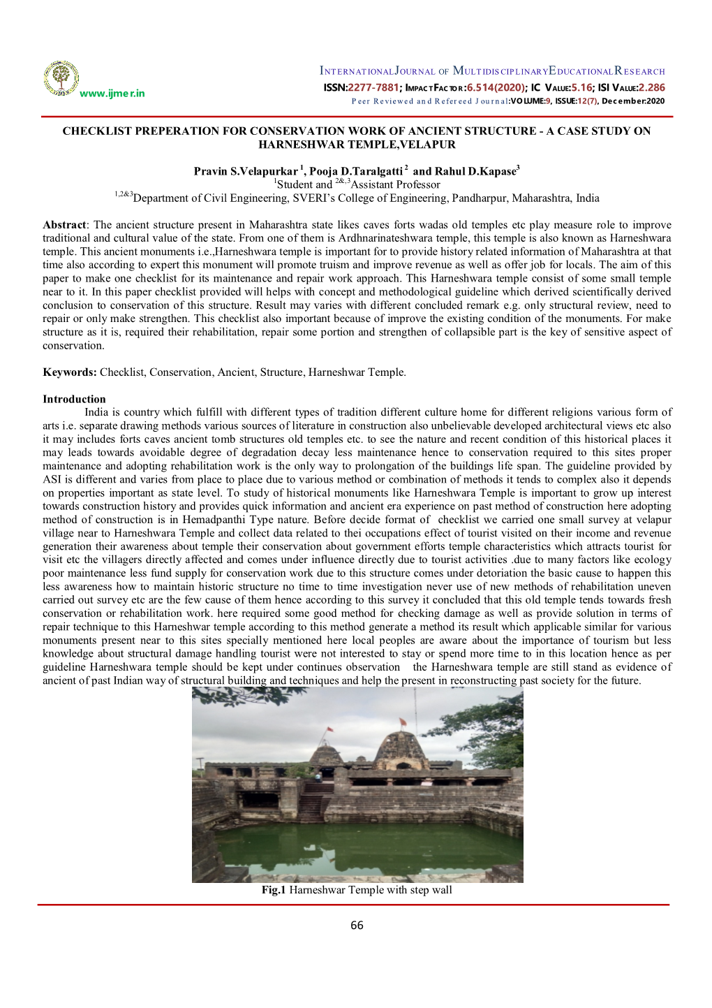 Checklist Preperation for Conservation Work of Ancient Structure - a Case Study on Harneshwar Temple,Velapur