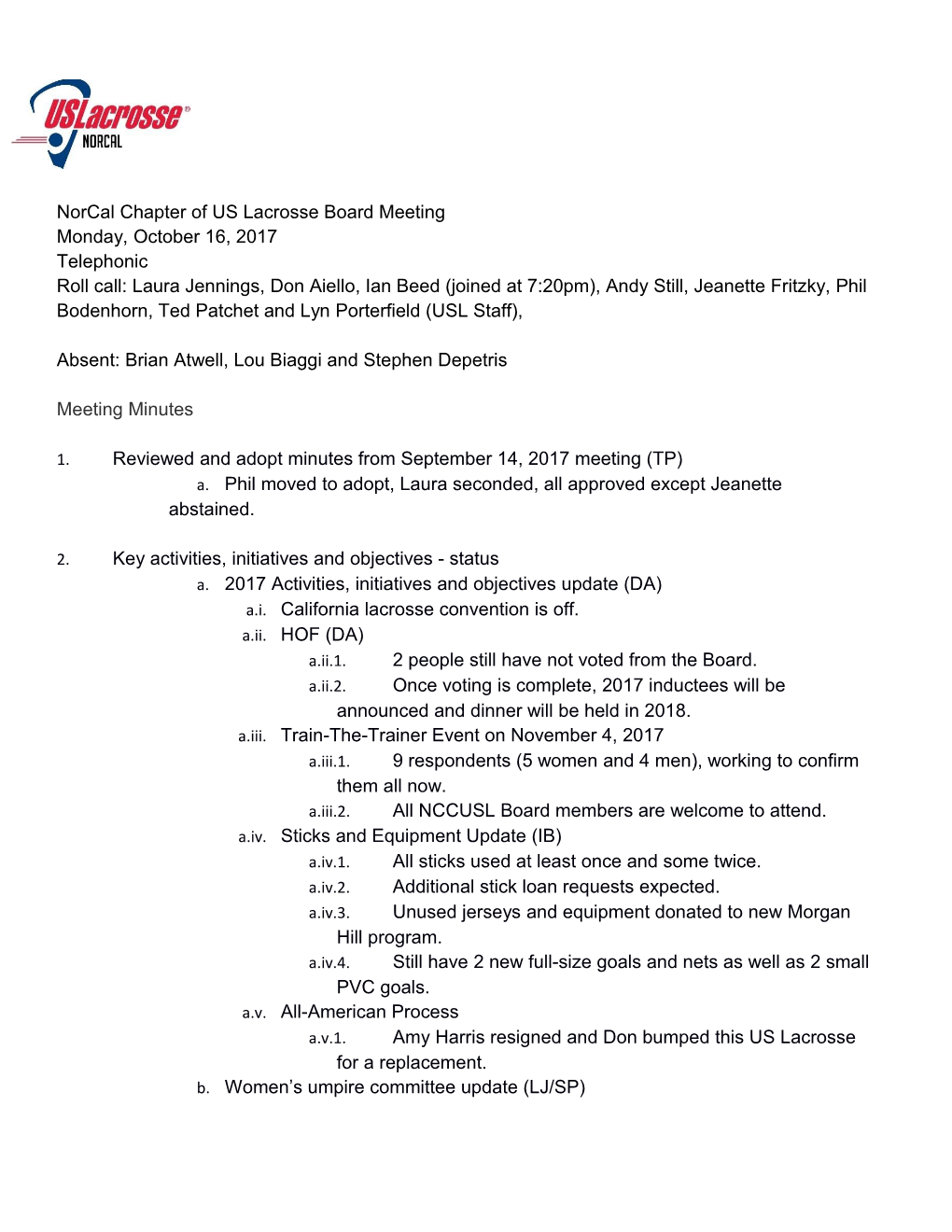 Norcal Chapter of US Lacrosse Board Meeting