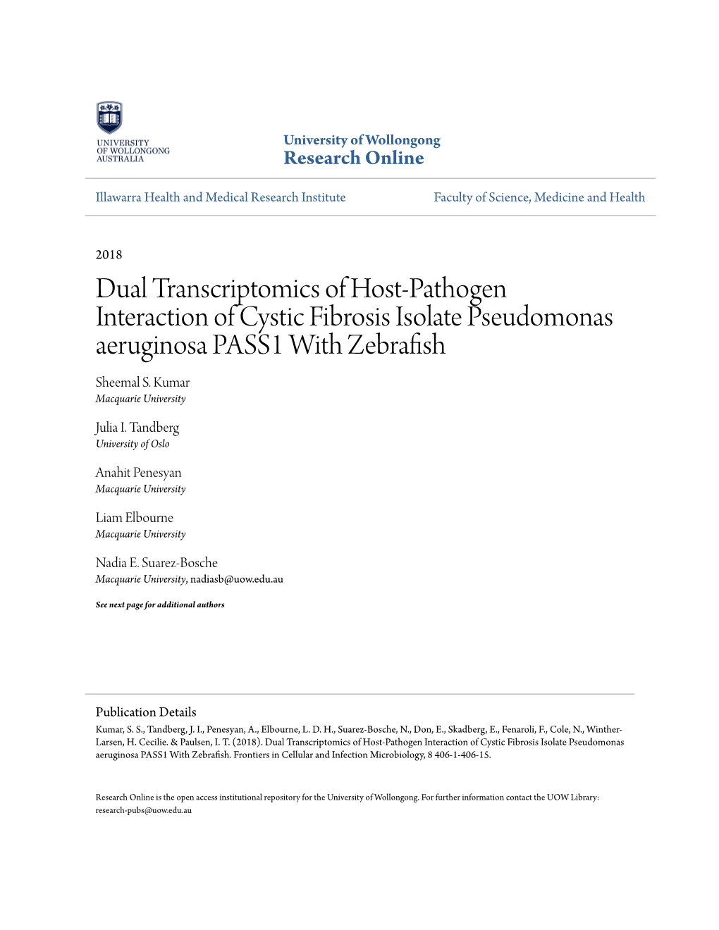 Dual Transcriptomics of Host-Pathogen Interaction of Cystic Fibrosis Isolate Pseudomonas Aeruginosa PASS1 with Zebrafish Sheemal S