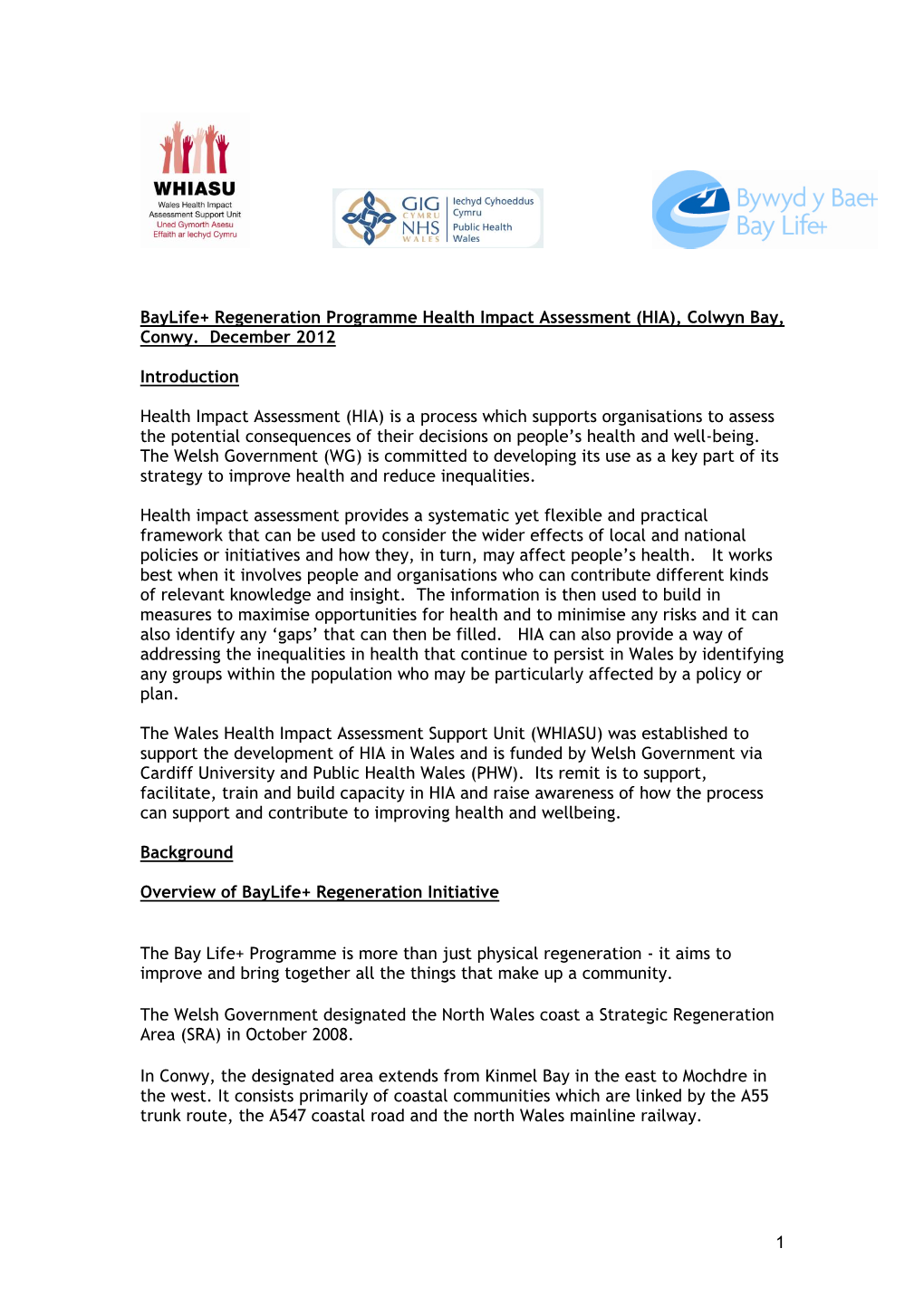 Baylife+ Regeneration Programme Health Impact Assessment (HIA), Colwyn Bay, Conwy