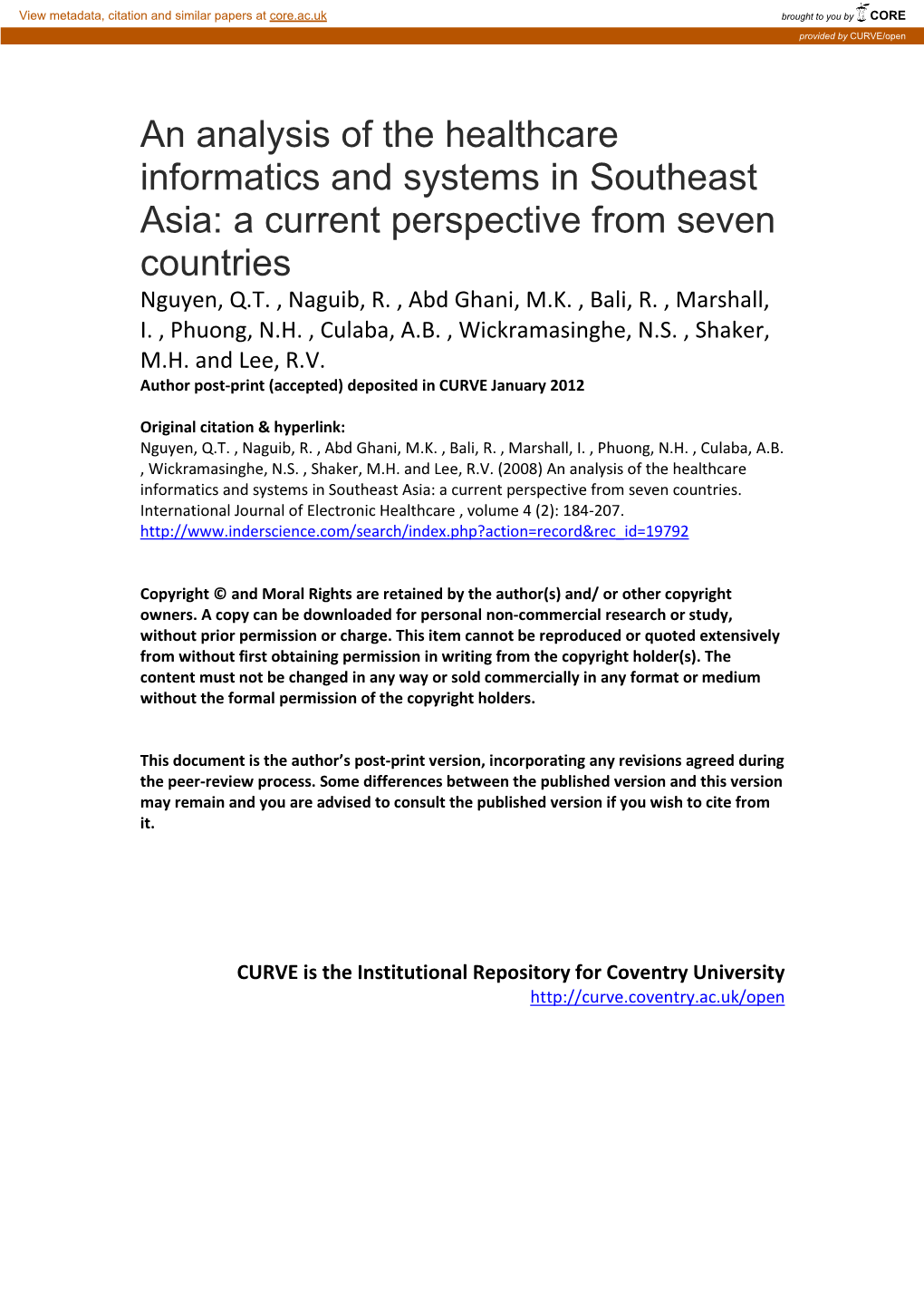 An Analysis of the Healthcare Informatics and Systems in Southeast Asia: a Current Perspective from Seven Countries Nguyen, Q.T