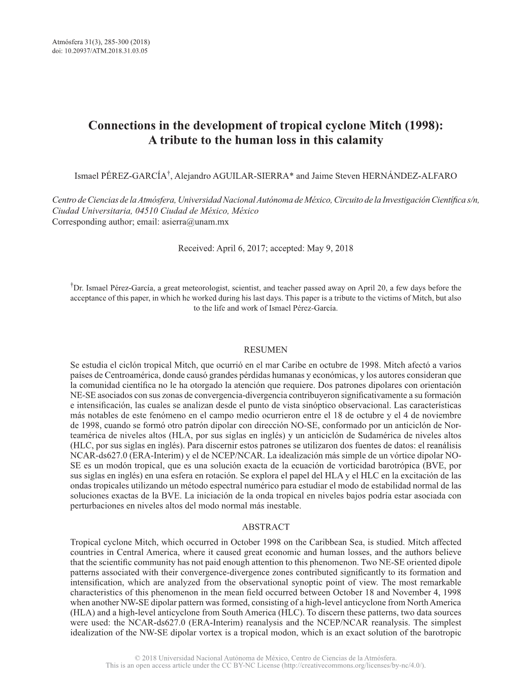 Connections in the Development of Tropical Cyclone Mitch (1998): a Tribute to the Human Loss in This Calamity