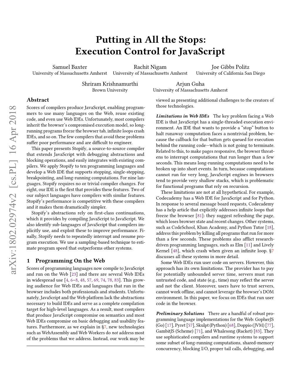 Putting in All the Stops: Execution Control for Javascript