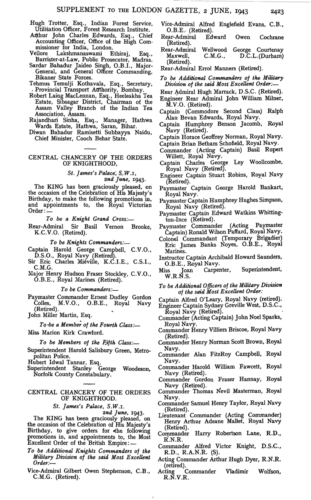 Supplement to the London Gazette, 2 June, 1943 2423