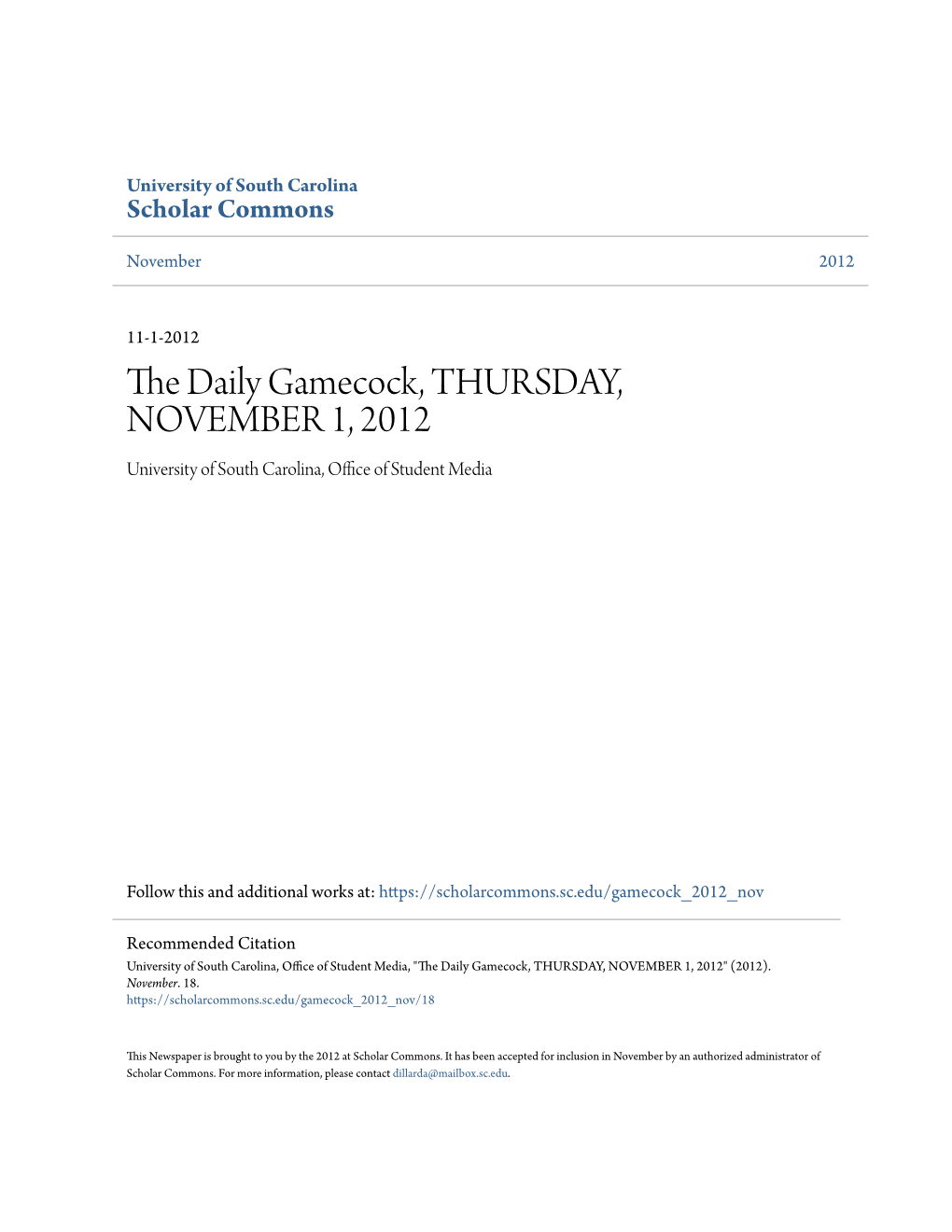 The Daily Gamecock, THURSDAY, NOVEMBER 1, 2012