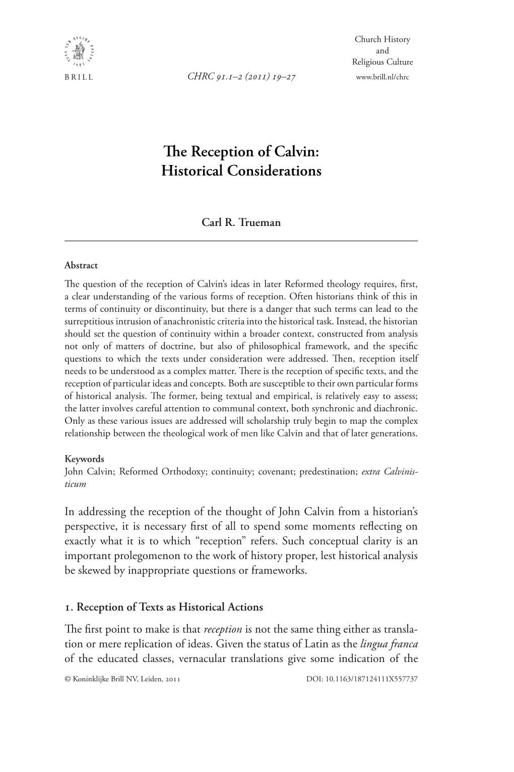 The Reception of Calvin: Historical Considerations