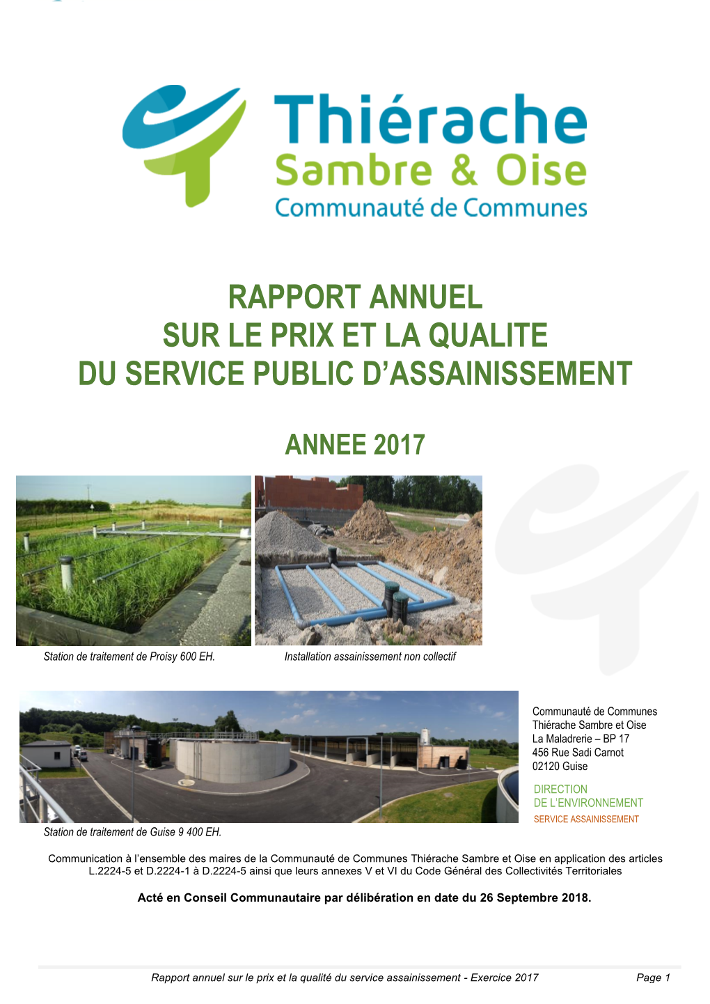 Rapport Annuel Sur Le Prix Et La Qualite Du Service Public D'assainissement