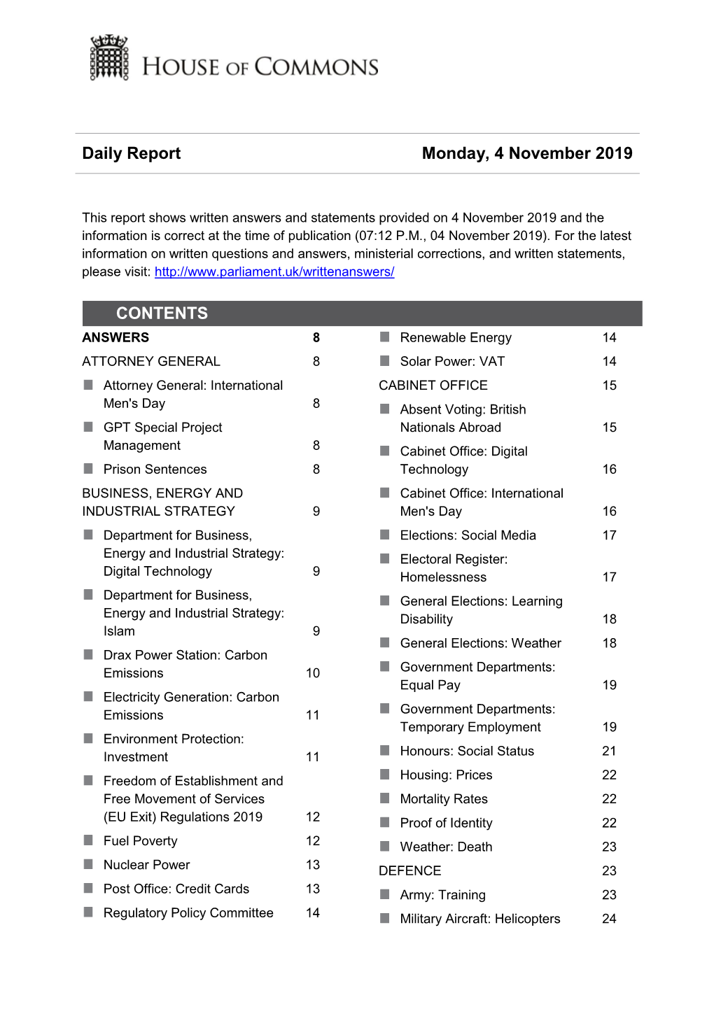 Daily Report Monday, 4 November 2019 CONTENTS