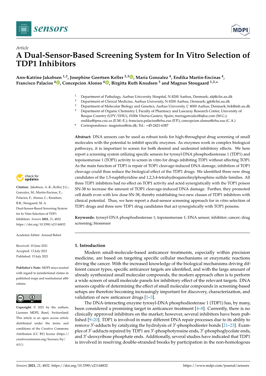 A Dual-Sensor-Based Screening System for in Vitro Selection of TDP1 Inhibitors