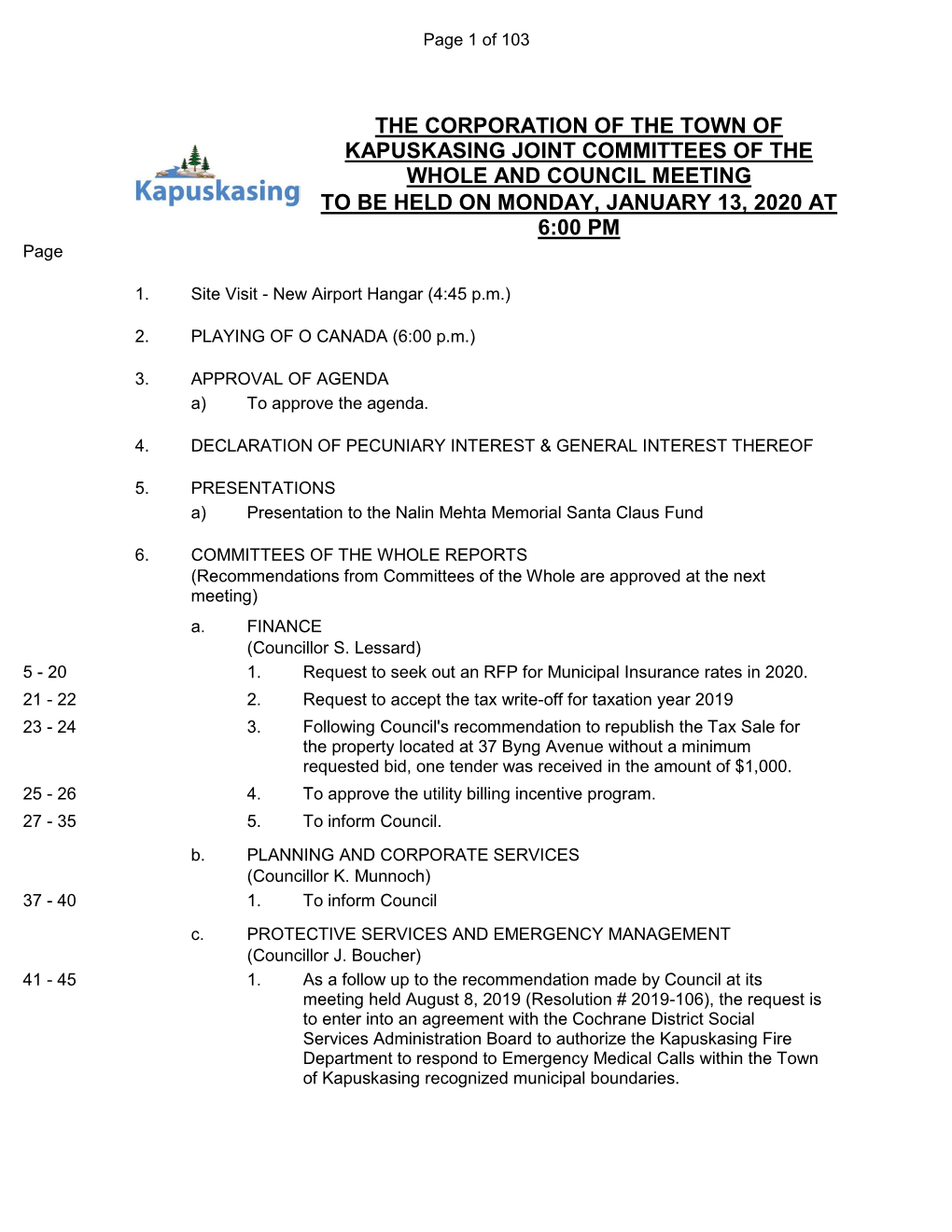 JOINT COMMITTEES of the WHOLE and COUNCIL MEETING to BE HELD on MONDAY, JANUARY 13, 2020 at 6:00 PM Page