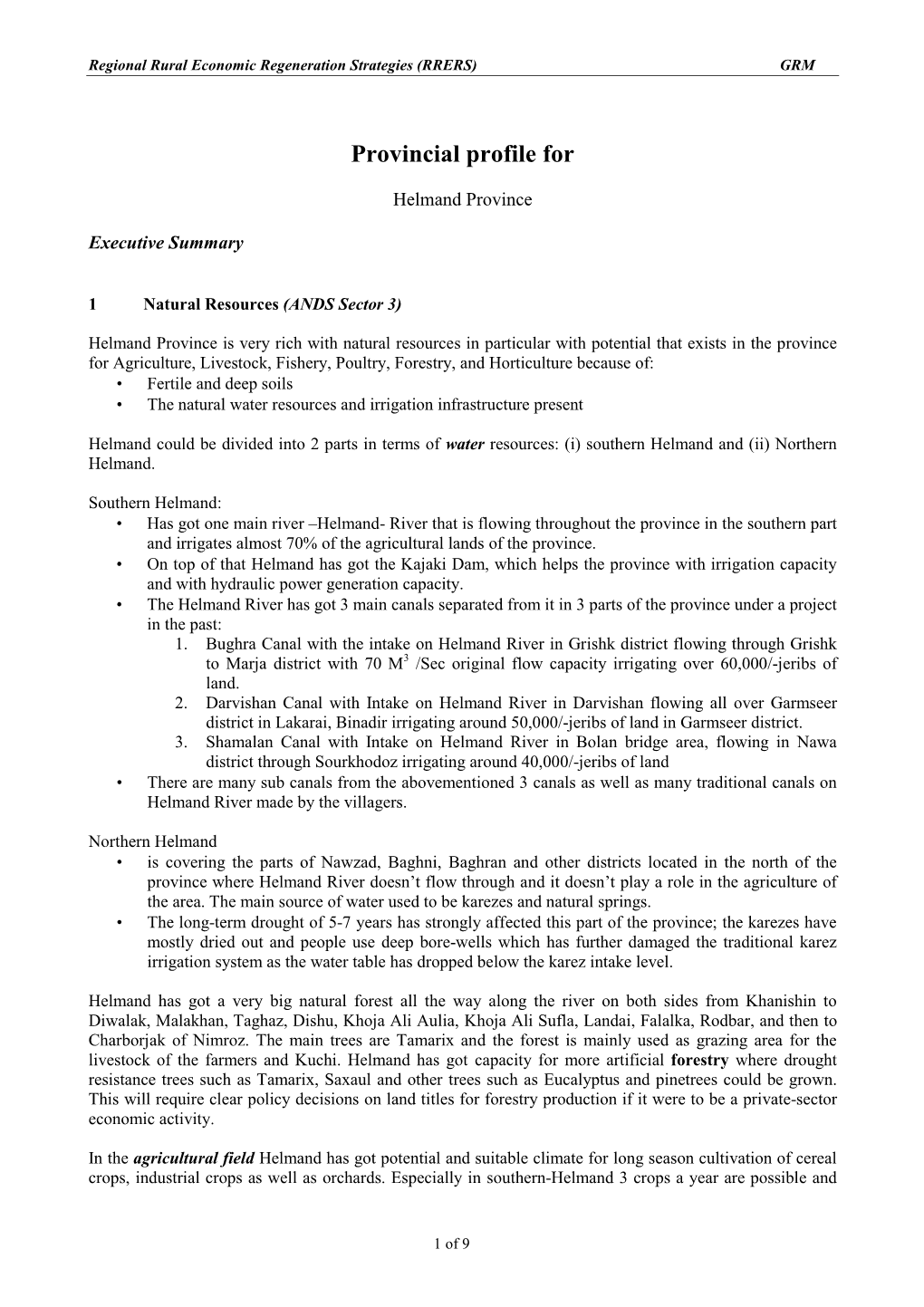 Helmand Provincial Profile