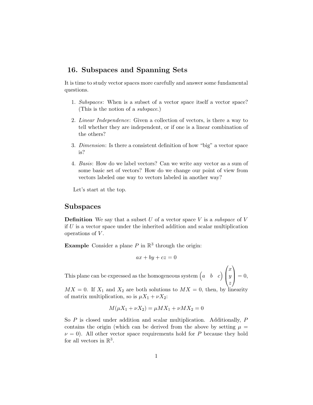 16. Subspaces and Spanning Sets Subspaces