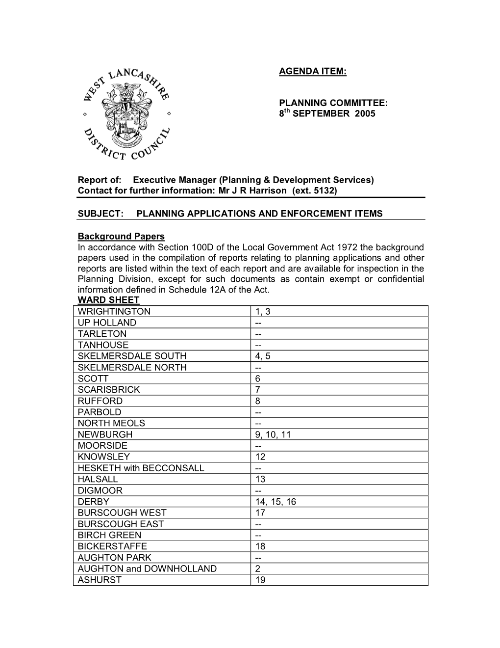 PLANNING COMMITTEE: 8Th SEPTEMBER 2005