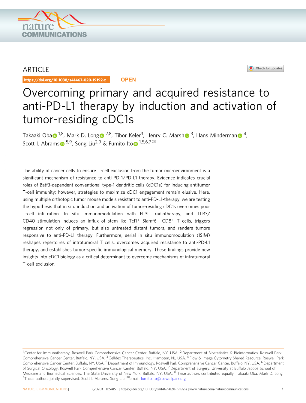 Overcoming Primary and Acquired Resistance to Anti-PD-L1 Therapy by Induction and Activation of Tumor-Residing Cdc1s