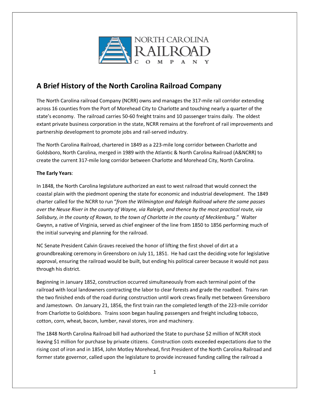 A Brief History of the North Carolina Railroad Company
