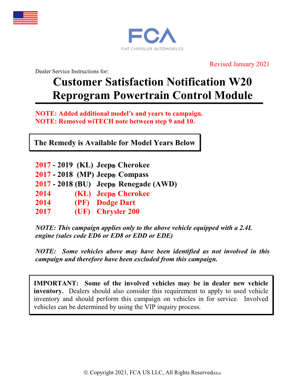 Customer Satisfaction Notification W20 Reprogram Powertrain Control Module