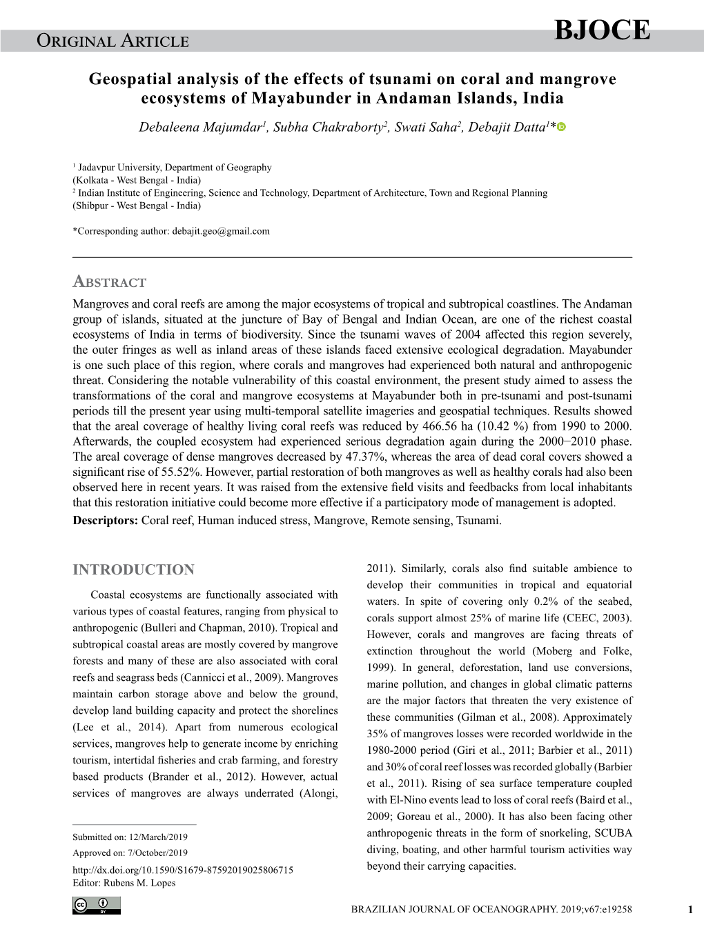 Original Article Majumdar Et Al.: Effects of Tsunami on Coralbjoce Reef and Mangrove