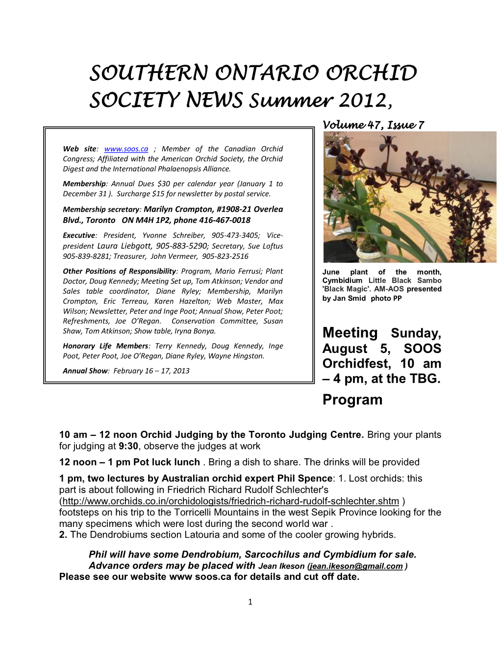 SOUTHERN ONTARIO ORCHID SOCIETY NEWS Summer 2012