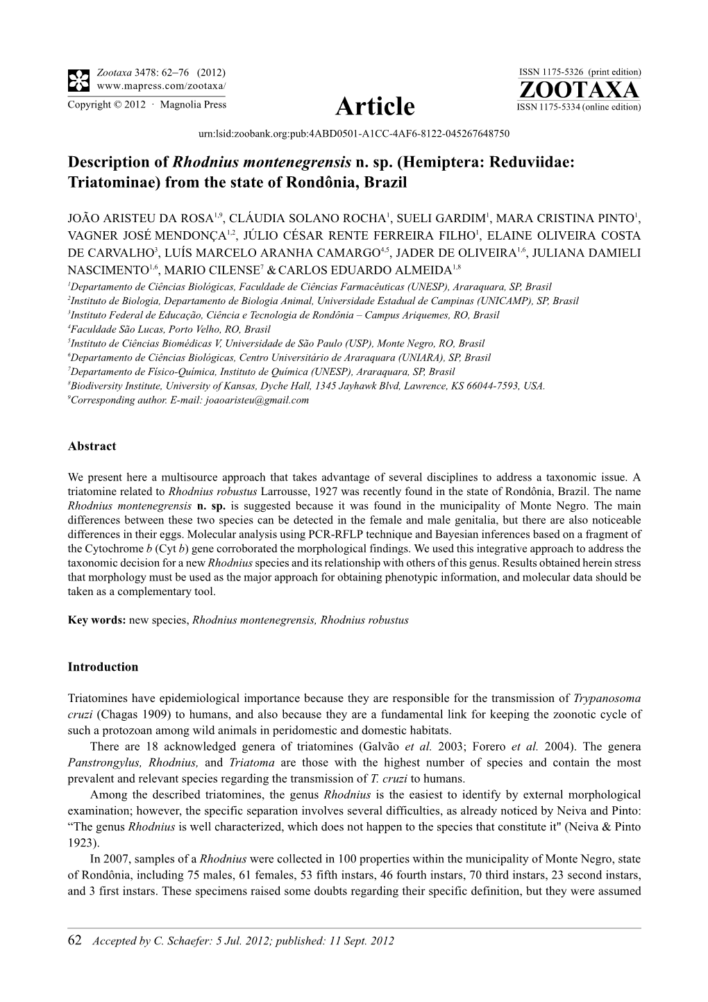 Description of Rhodnius Montenegrensis N. Sp