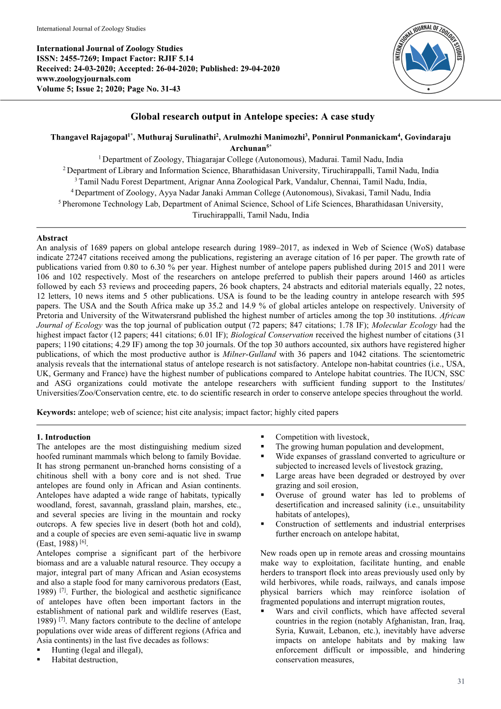 Global Research Output in Antelope Species: a Case Study