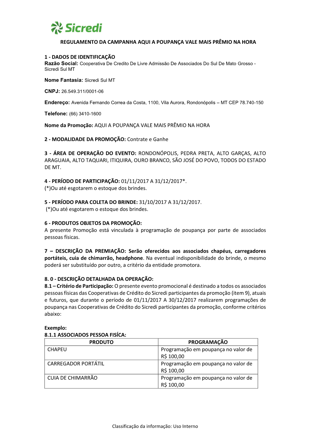 DADOS DE IDENTIFICAÇÃO Razão Social: Cooperativa De Credito De Livre Admissão De Associados Do Sul De Mato Grosso - Sicredi Sul MT