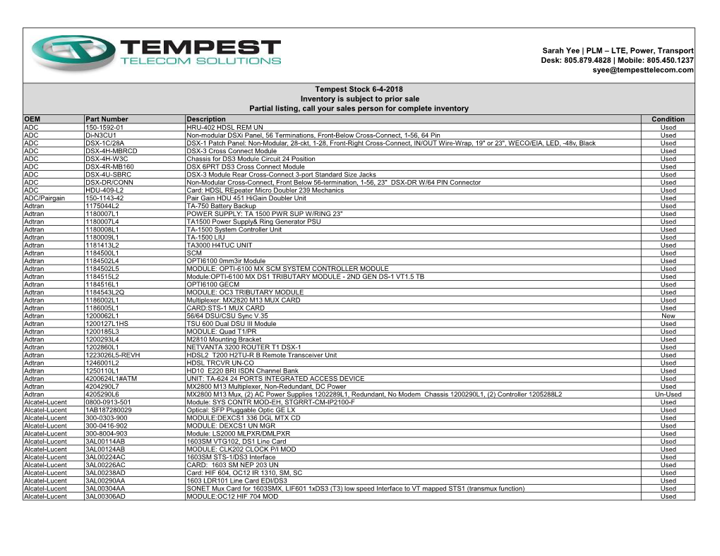 PLM – LTE, Power, Transport Desk: 805.879.4828 | Mobile: 805.450.1237 Syee@Tempesttelecom.Com