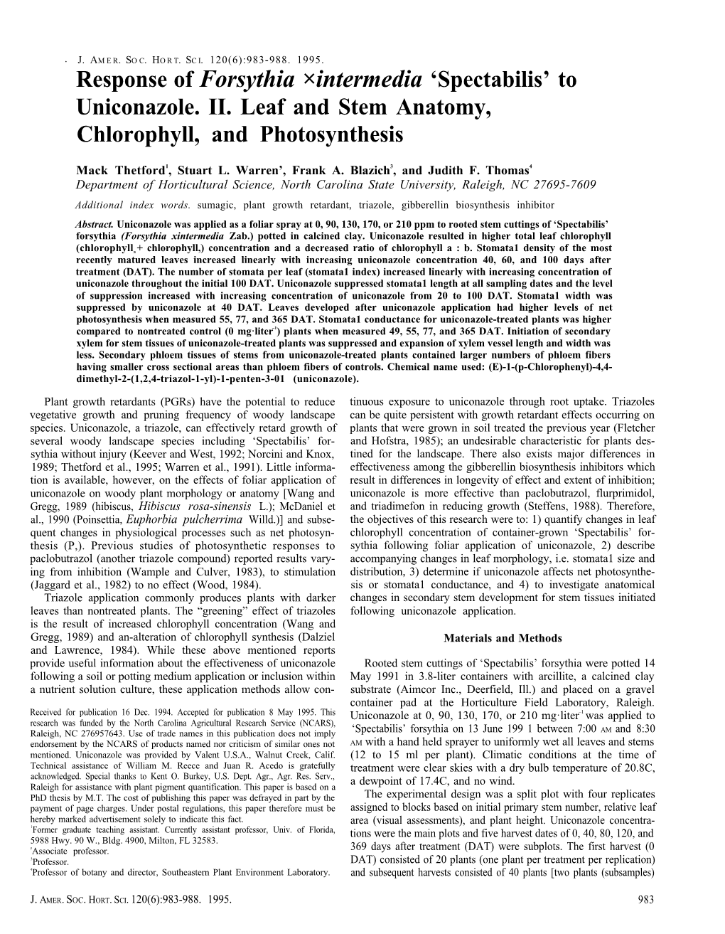 Response of Forsythia ×Intermedia ' Spectabilis' to Uniconazole. II. Leaf