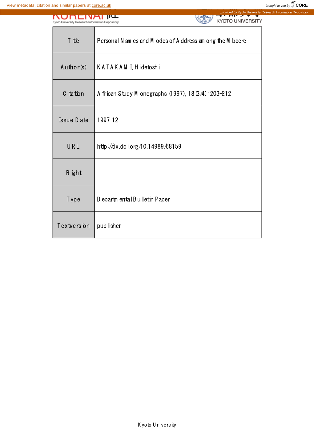 Title Personal Names and Modes of Address Among the Mbeere Author(S)