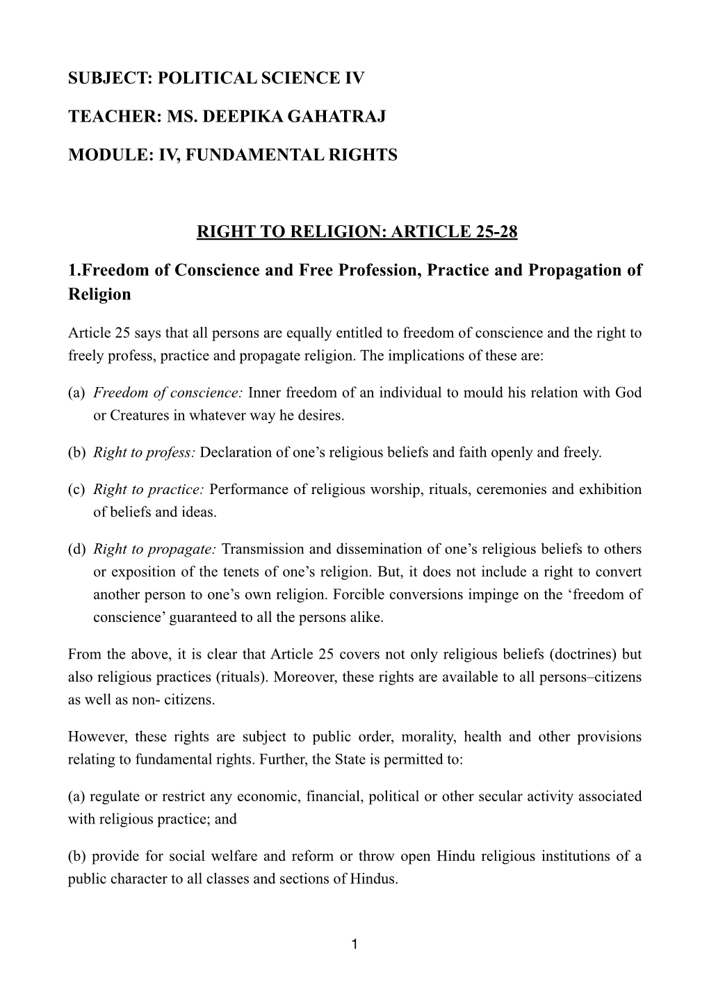 Fundamental Rights- Article 25-28