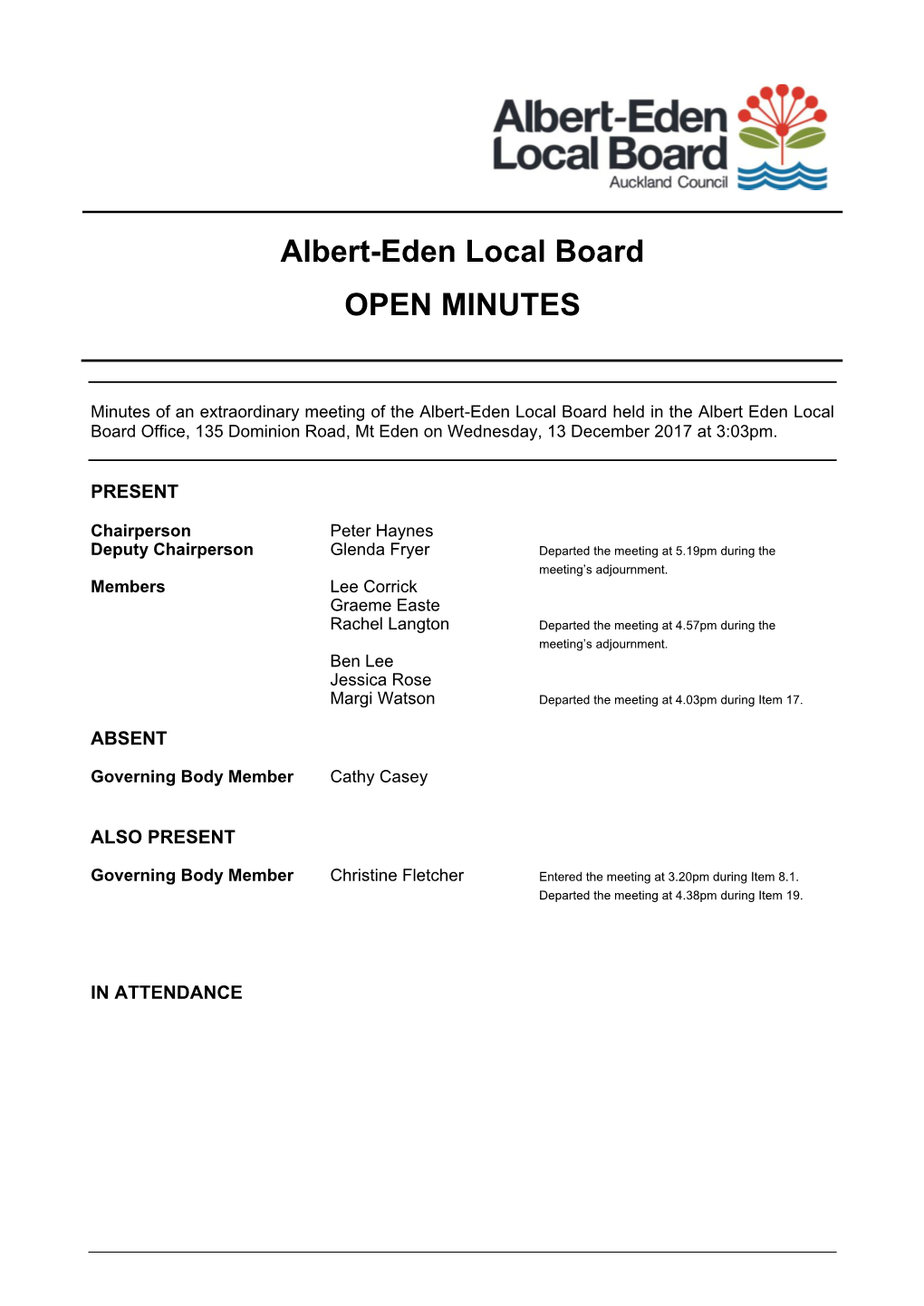 Minutes of Extraordinary Meeting of the Albert-Eden Local Board