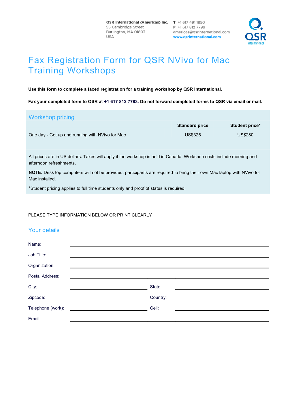 Fax Registration Form for QSR Workshop (US)