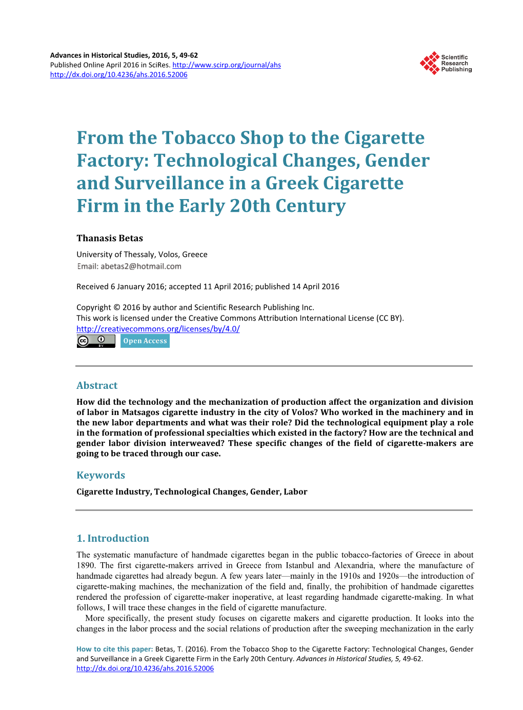 Technological Changes, Gender and Surveillance in a Greek Cigarette Firm in the Early 20Th Century
