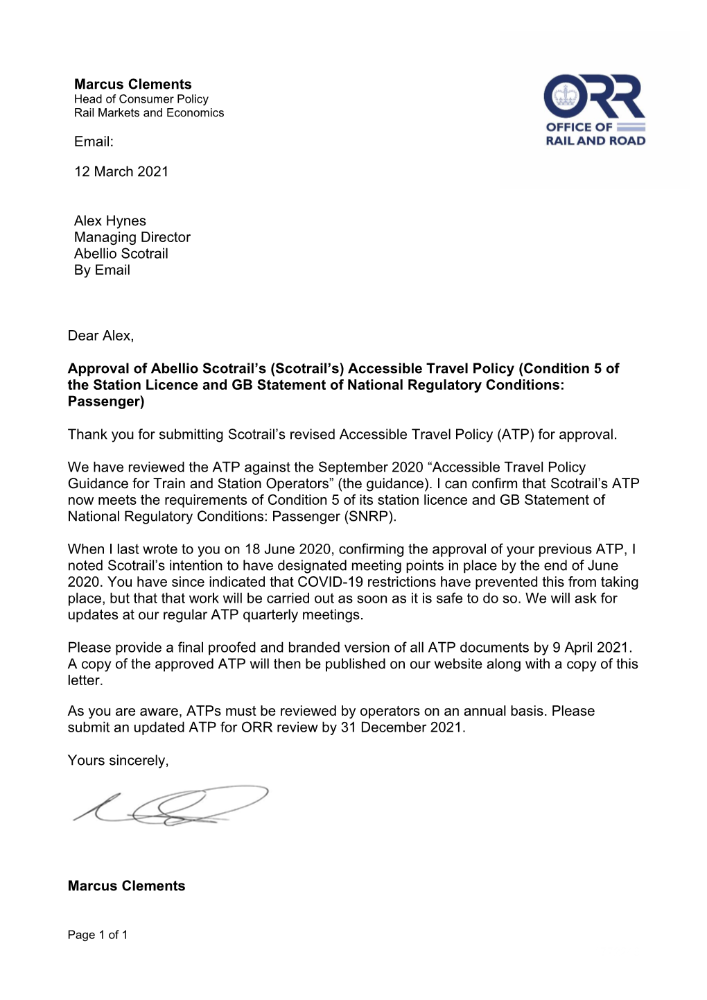 Abellio Scotrail Accessible Travel Policy Approval Decision Letter And