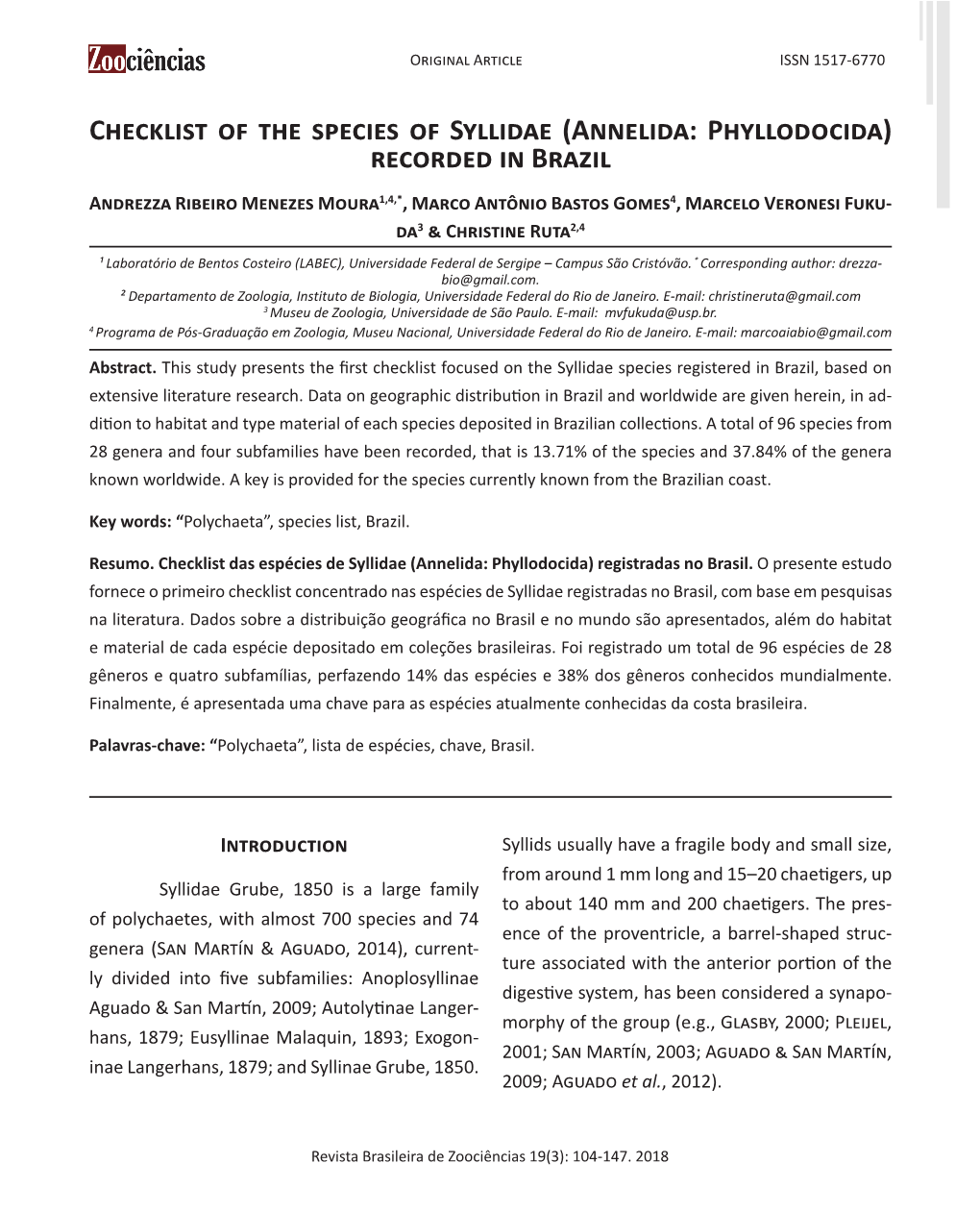 Checklist of the Species of Syllidae (Annelida: Phyllodocida) Recorded