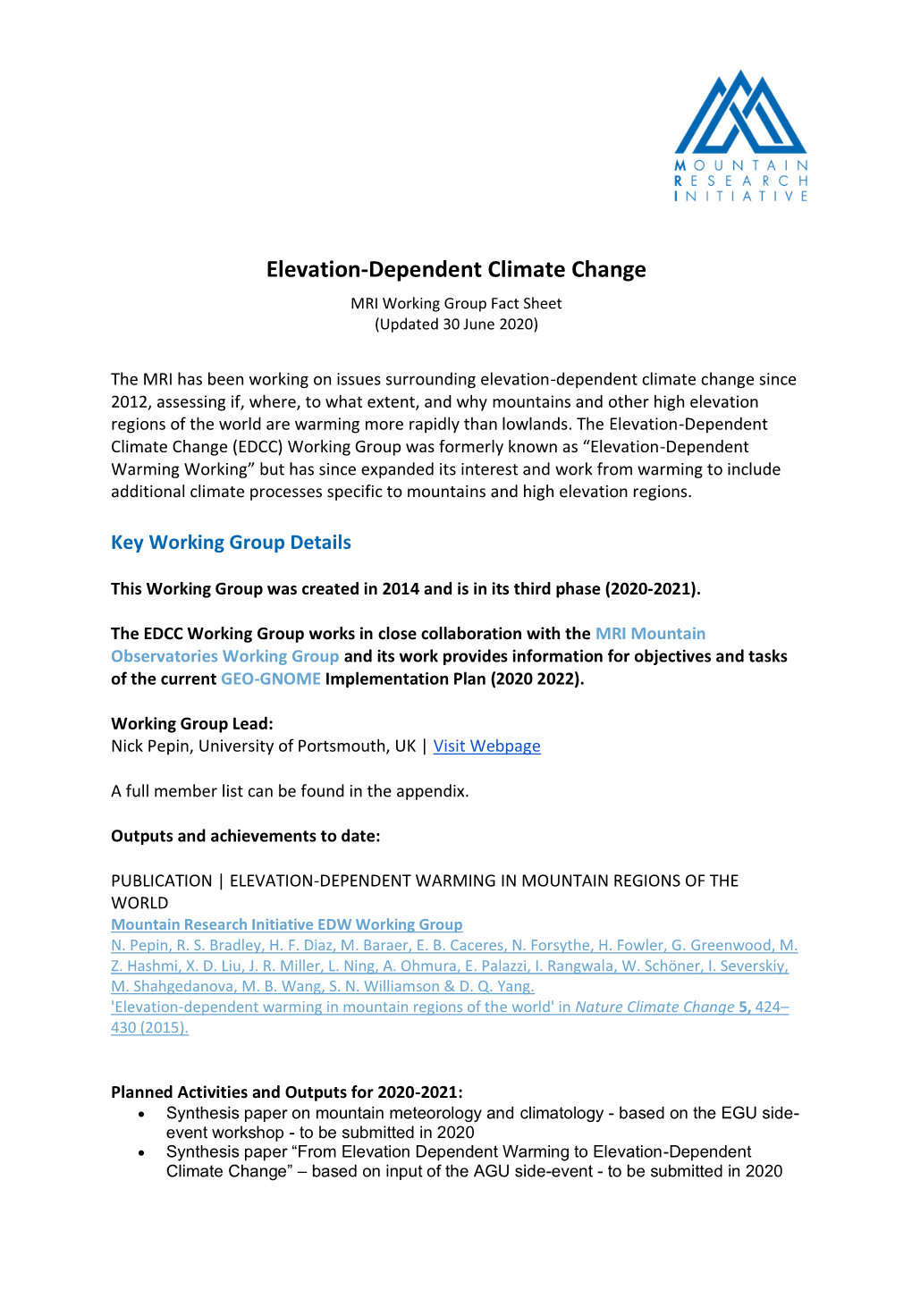 Elevation-Dependent Climate Change MRI Working Group Fact Sheet (Updated 30 June 2020)