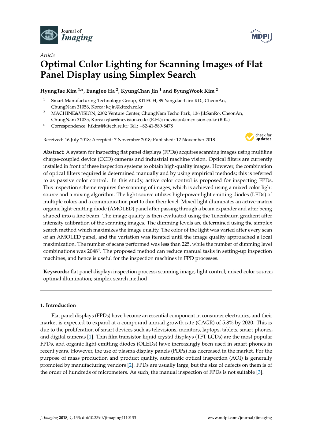 Optimal Color Lighting for Scanning Images of Flat Panel Display Using Simplex Search