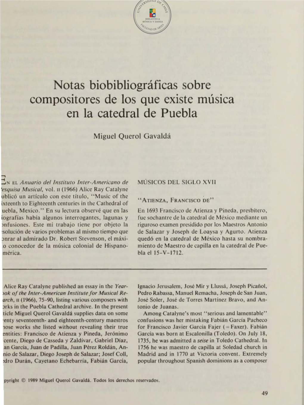 Notas Biobibliográficas Sobre Compositores De Los Que Existe Música En La Catedral De Puebla