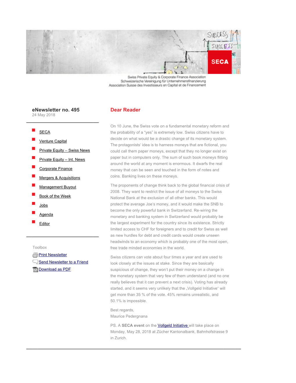 Enewsletter No. 495 | SECA | Swiss Private Equity & Corporate Finance